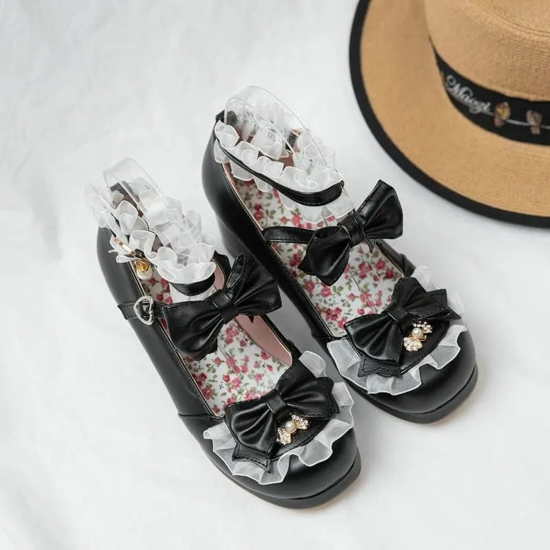 SACFOF Women Cute Lolita Shoes Platform Mary Janes Kawaii Strappy Ankle Strap Sweet Pumps Lace Cross Tied Dress Shoes