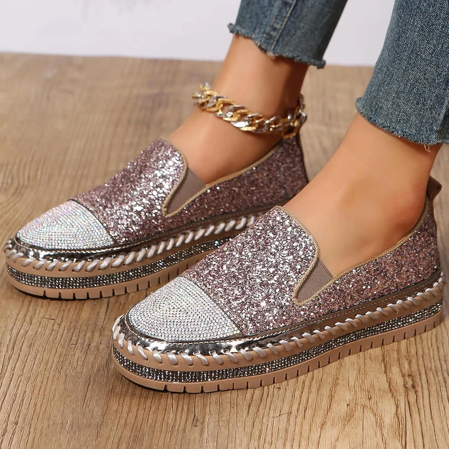 SACFOF Women Rhinestone Platform Loafers Glitter Fashion Slip-On Sparkle Sequin Sneakers Casual Flat Bling Loafers