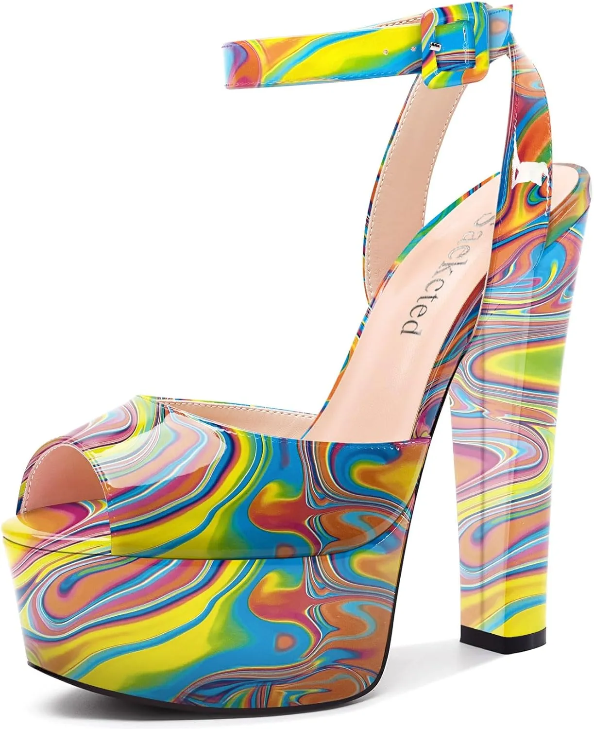 Saekcted Womens Chunky Block High Heel Peep Open Toe Platform Sandals Ankle Strap Buckle Dress Shoes Prom Party 5.9 Inches Heels