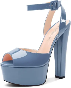 Saekcted Womens Chunky Block High Heel Peep Open Toe Platform Sandals Ankle Strap Buckle Dress Shoes Prom Party 5.9 Inches Heels