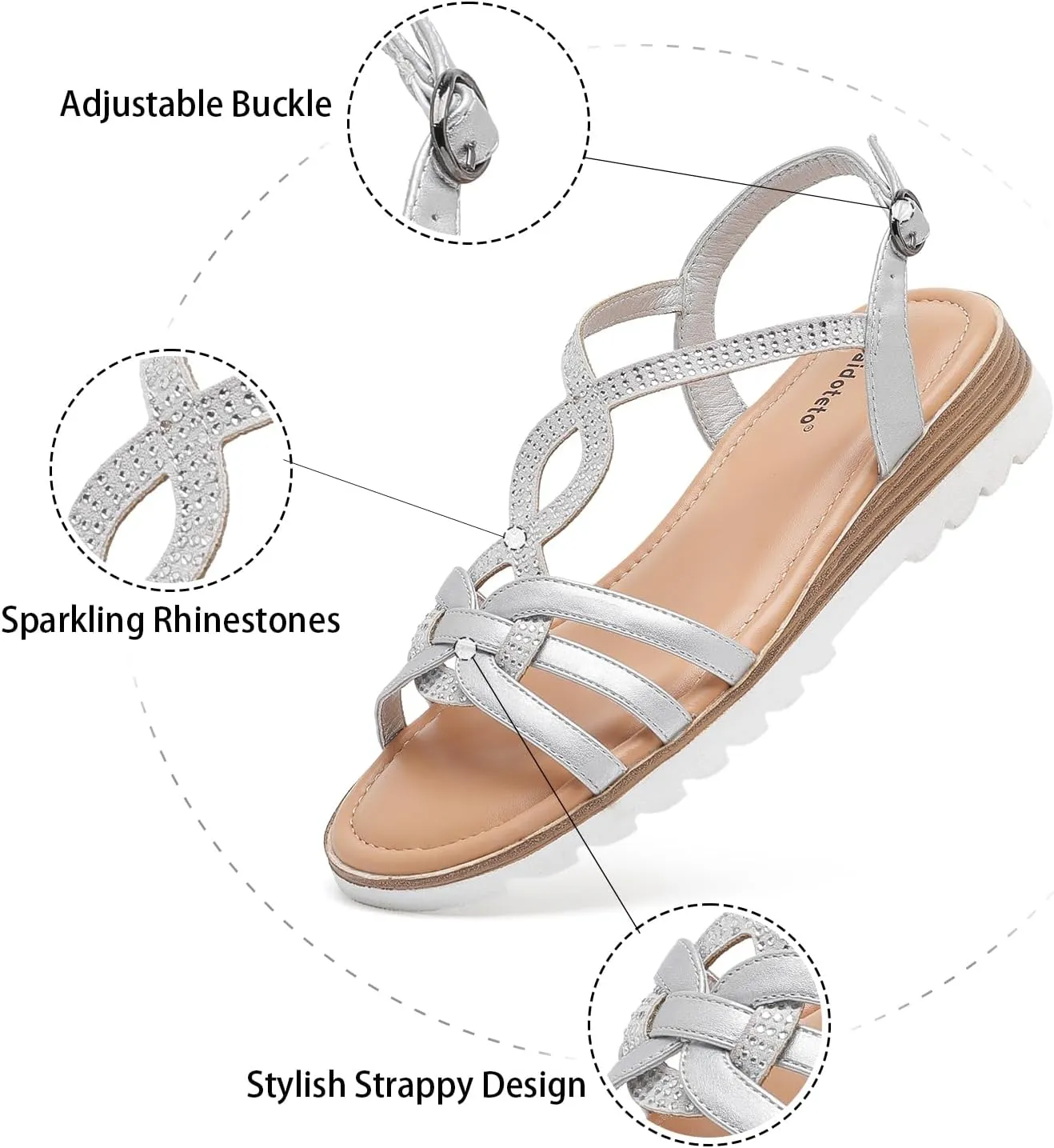 Saidoteto Women's Wide Width Flat Sandals,Casual Open Toe Strappy Slip-on Summer Dressy Sandals with Sparkling Rhinestones