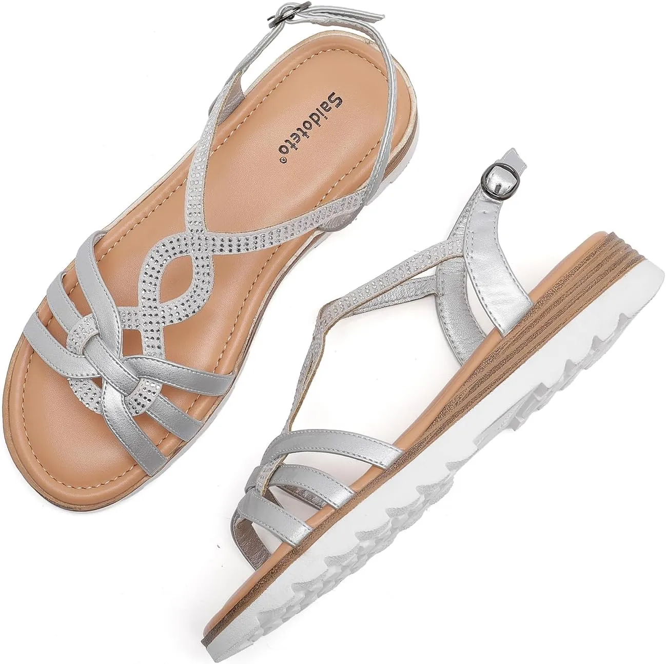 Saidoteto Women's Wide Width Flat Sandals,Casual Open Toe Strappy Slip-on Summer Dressy Sandals with Sparkling Rhinestones
