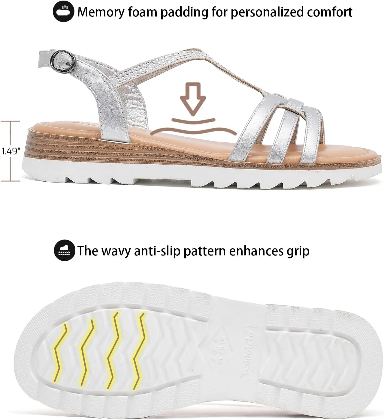 Saidoteto Women's Wide Width Flat Sandals,Casual Open Toe Strappy Slip-on Summer Dressy Sandals with Sparkling Rhinestones