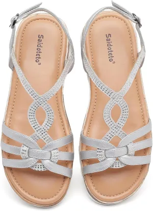 Saidoteto Women's Wide Width Flat Sandals,Casual Open Toe Strappy Slip-on Summer Dressy Sandals with Sparkling Rhinestones