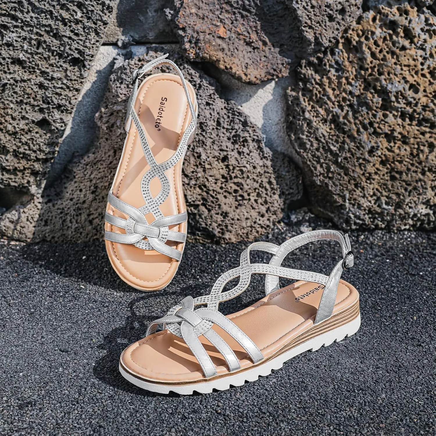 Saidoteto Women's Wide Width Flat Sandals,Casual Open Toe Strappy Slip-on Summer Dressy Sandals with Sparkling Rhinestones