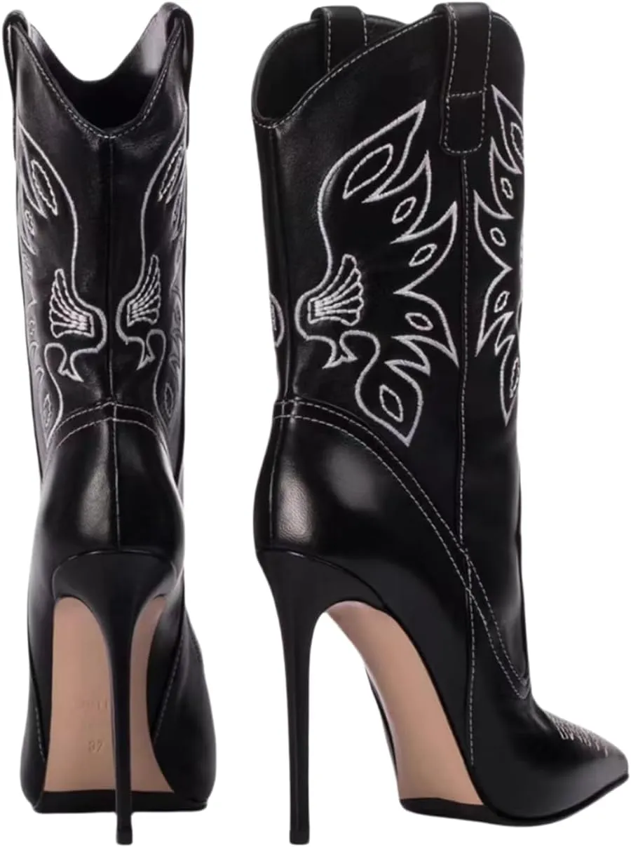 Saint Leia Women's Embroidered Western Cowboy Stiletto Heel Boots Pointed Toe Pull-Up Tabs Classic Cowgirl Dress Boot