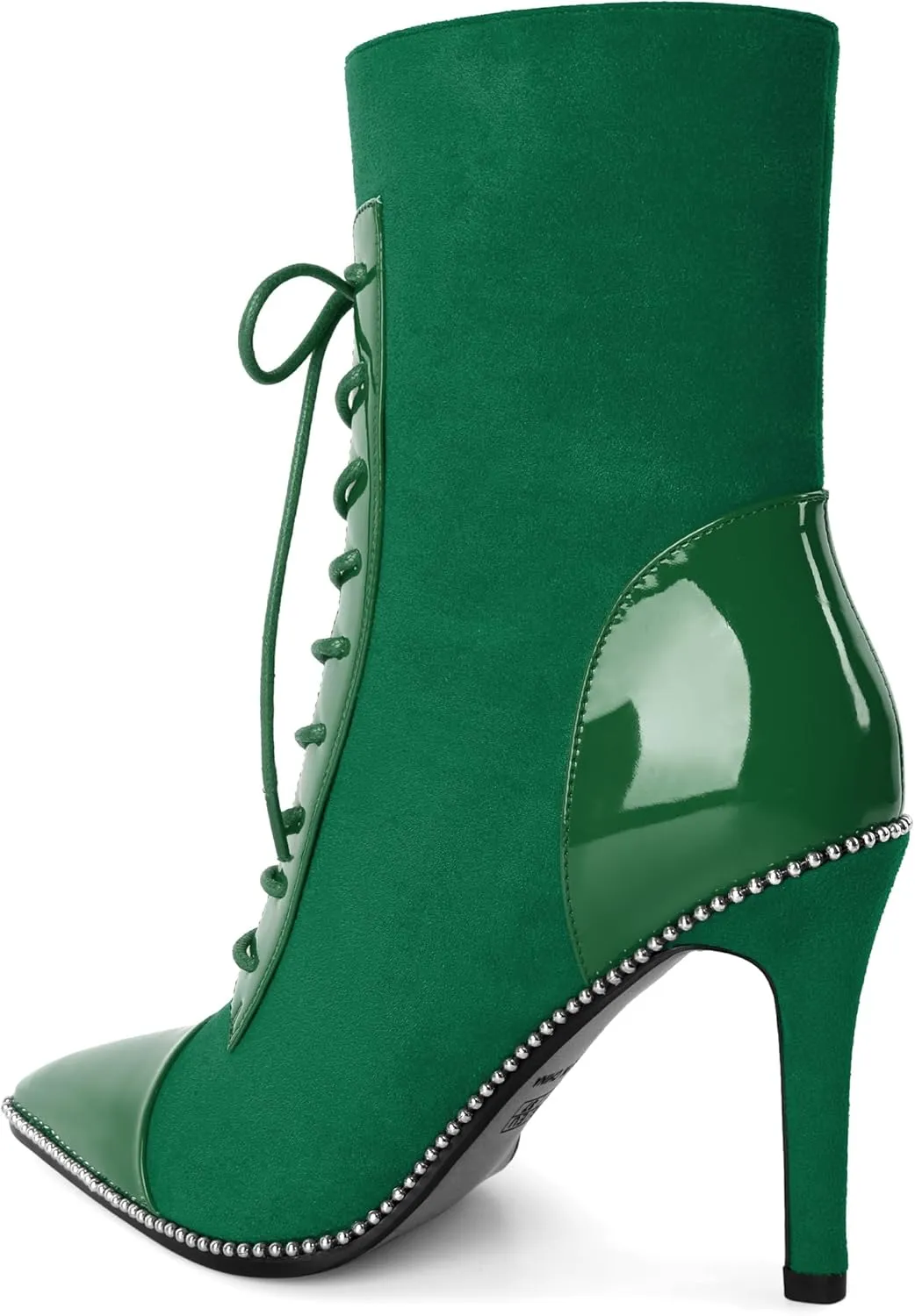 SAMMITOP Women's Lace Up Ankle Boots High Stiletto Heel Pointy Toe Fashion Heeled Booties Silver Beaded Side Zipper Short Boots Shoes 4 Inch