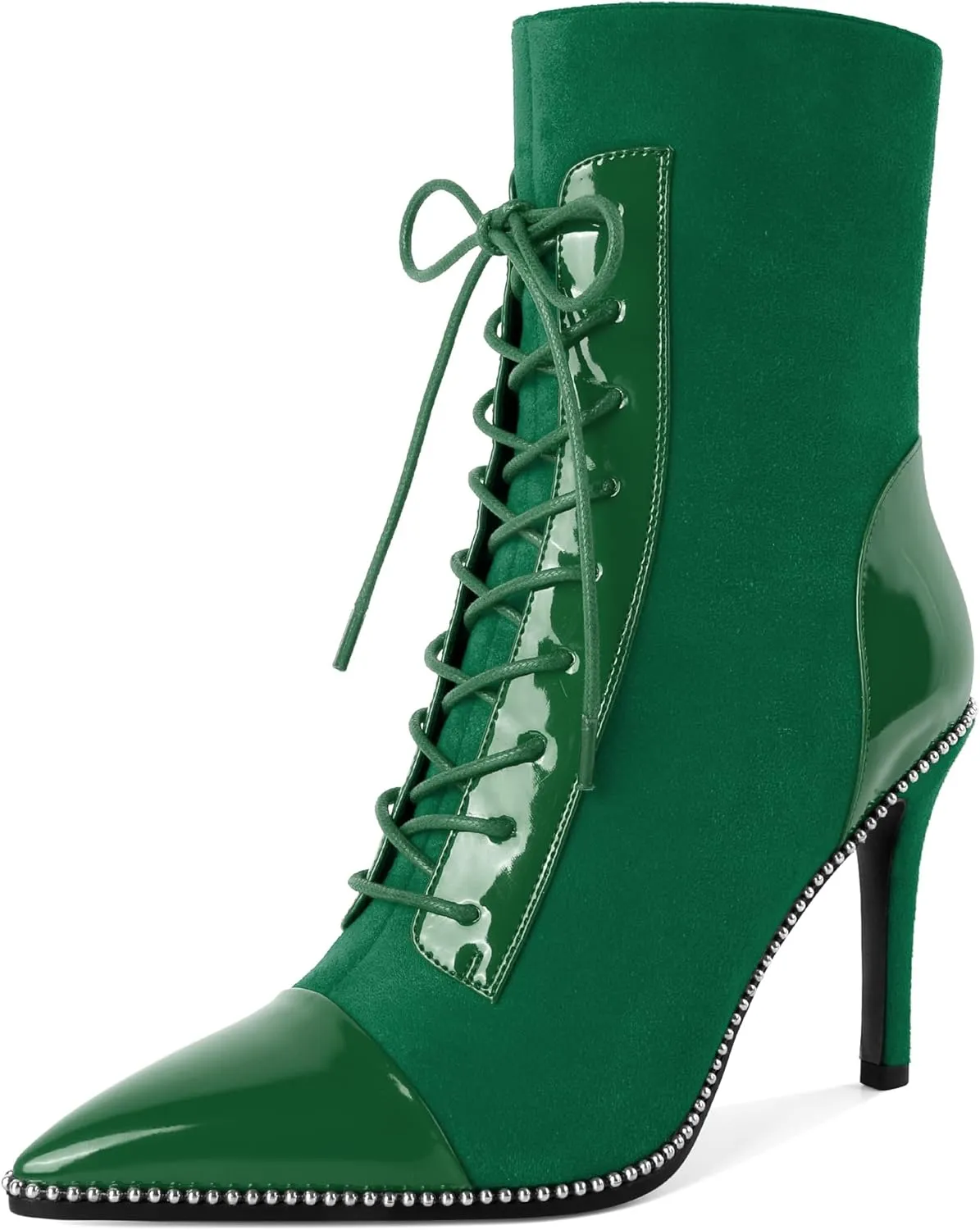 SAMMITOP Women's Lace Up Ankle Boots High Stiletto Heel Pointy Toe Fashion Heeled Booties Silver Beaded Side Zipper Short Boots Shoes 4 Inch