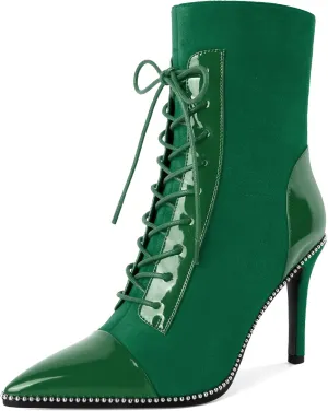 SAMMITOP Women's Lace Up Ankle Boots High Stiletto Heel Pointy Toe Fashion Heeled Booties Silver Beaded Side Zipper Short Boots Shoes 4 Inch
