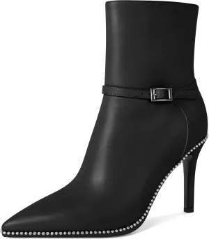SAMMITOP Women's Pointed Toe Ankle Boots Sexy Stiletto High Heels Ankle Booties Buckle Strap Beaded Short Boots with Side Zipper 4 Inch
