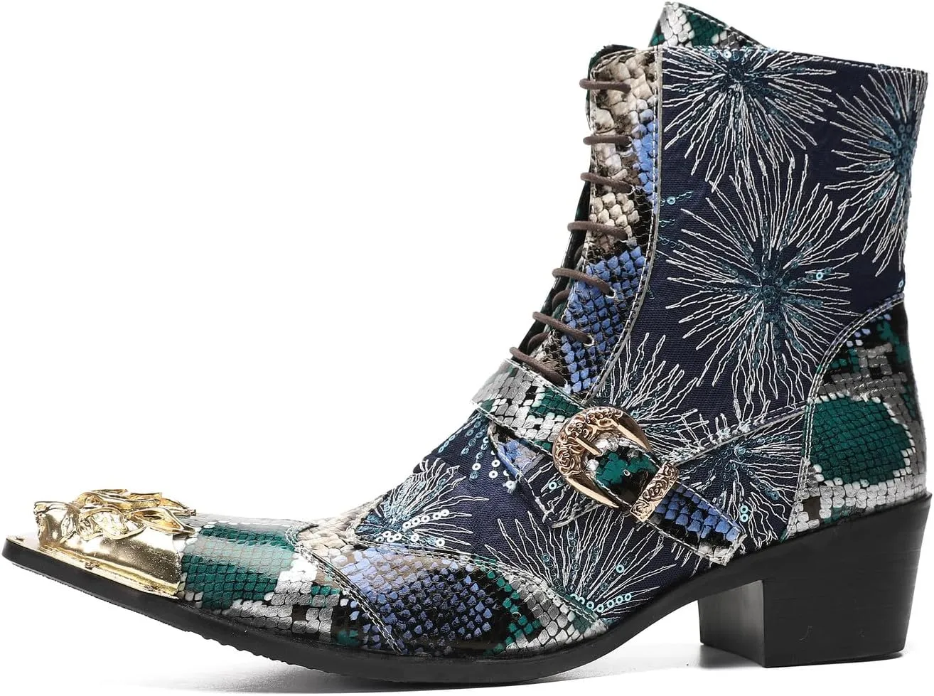Santimon Cowboy Boots for Men Casual Dress Motorcycle Boots Genuine Leather Metal Pointed Toe Oxfords Boots Shining Sequins Fashion Belt Buckle Party Disco Singer Western Boots for Men