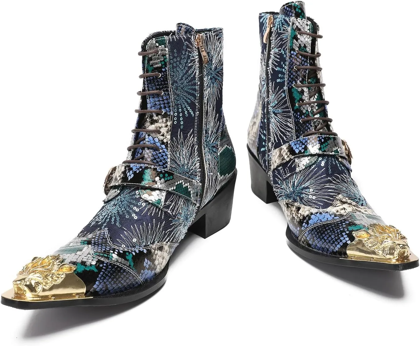 Santimon Cowboy Boots for Men Casual Dress Motorcycle Boots Genuine Leather Metal Pointed Toe Oxfords Boots Shining Sequins Fashion Belt Buckle Party Disco Singer Western Boots for Men