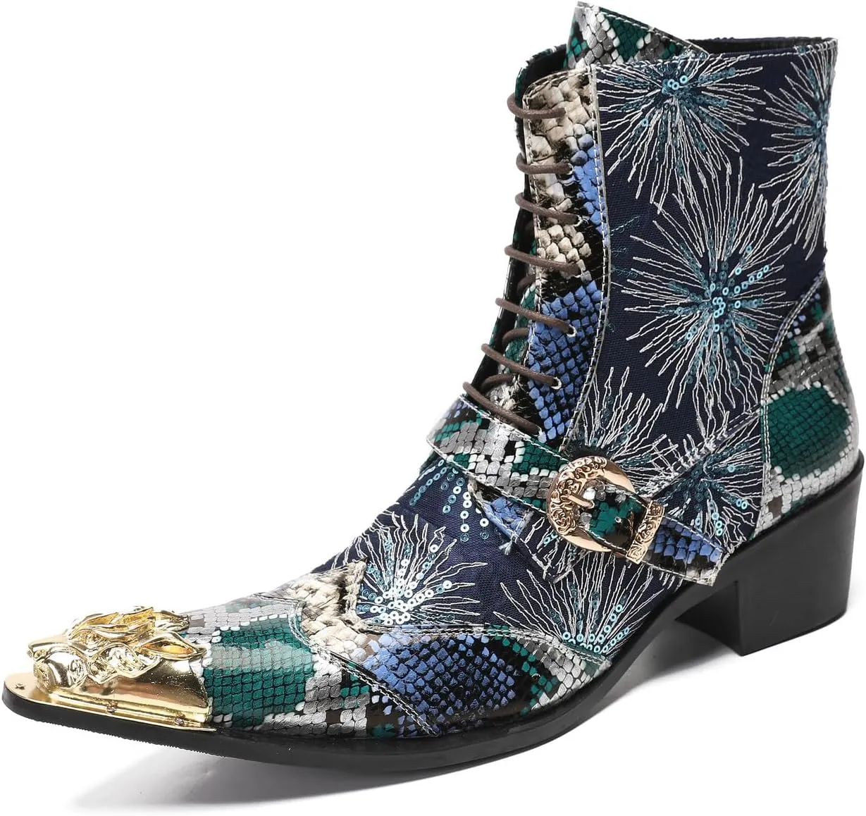 Santimon Cowboy Boots for Men Casual Dress Motorcycle Boots Genuine Leather Metal Pointed Toe Oxfords Boots Shining Sequins Fashion Belt Buckle Party Disco Singer Western Boots for Men