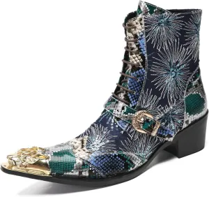 Santimon Cowboy Boots for Men Casual Dress Motorcycle Boots Genuine Leather Metal Pointed Toe Oxfords Boots Shining Sequins Fashion Belt Buckle Party Disco Singer Western Boots for Men