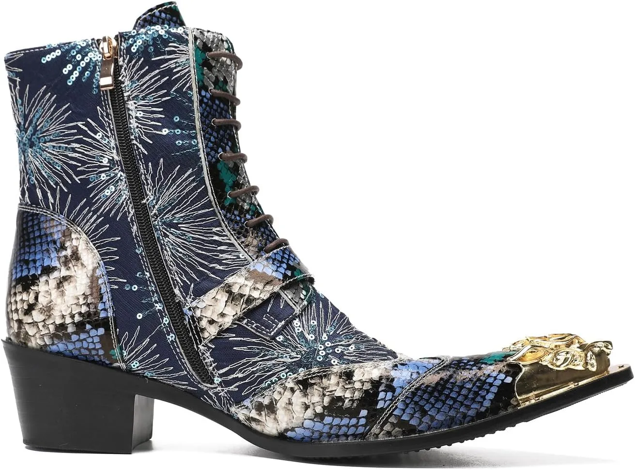 Santimon Cowboy Boots for Men Casual Dress Motorcycle Boots Genuine Leather Metal Pointed Toe Oxfords Boots Shining Sequins Fashion Belt Buckle Party Disco Singer Western Boots for Men