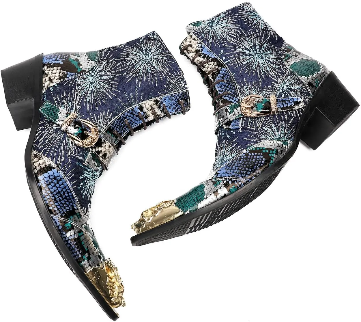 Santimon Cowboy Boots for Men Casual Dress Motorcycle Boots Genuine Leather Metal Pointed Toe Oxfords Boots Shining Sequins Fashion Belt Buckle Party Disco Singer Western Boots for Men