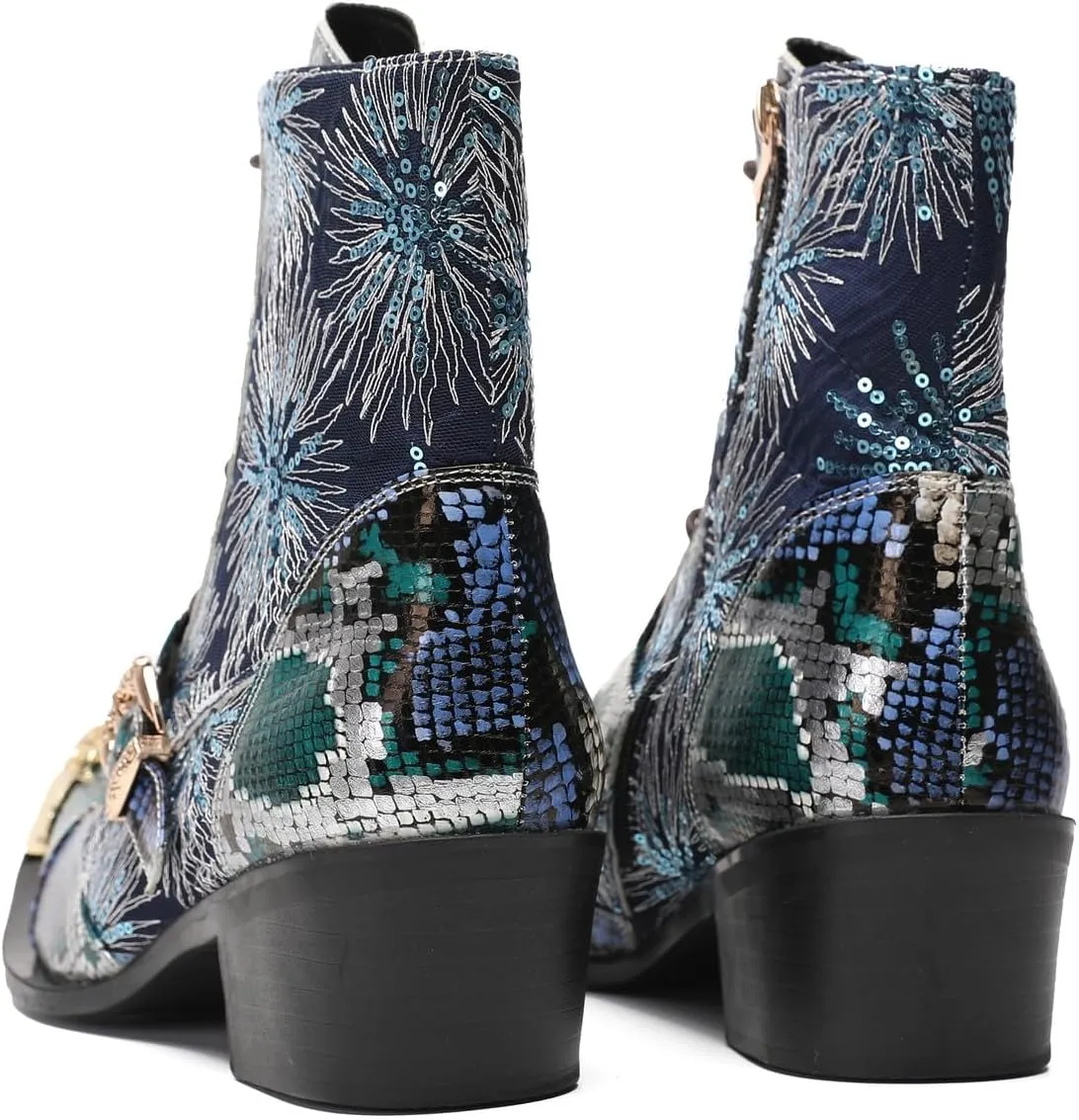 Santimon Cowboy Boots for Men Casual Dress Motorcycle Boots Genuine Leather Metal Pointed Toe Oxfords Boots Shining Sequins Fashion Belt Buckle Party Disco Singer Western Boots for Men