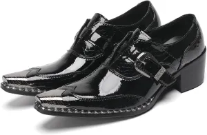 Santimon Men's Black Glossy Leather Dress Shoes with Buckle Detail – Stylish Metal Pointed Toe Casual Loafers for Weddings, Business, and Evening Events