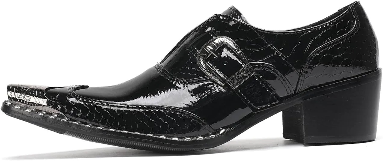 Santimon Men's Black Glossy Leather Dress Shoes with Buckle Detail – Stylish Metal Pointed Toe Casual Loafers for Weddings, Business, and Evening Events
