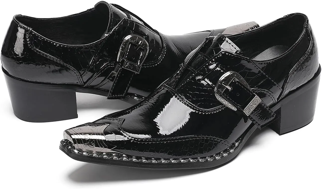 Santimon Men's Black Glossy Leather Dress Shoes with Buckle Detail – Stylish Metal Pointed Toe Casual Loafers for Weddings, Business, and Evening Events