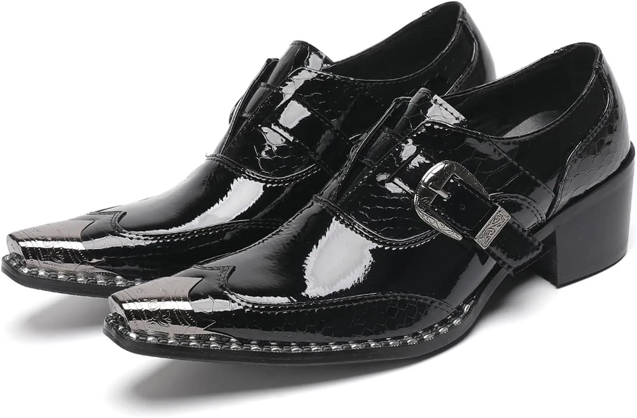 Santimon Men's Black Glossy Leather Dress Shoes with Buckle Detail – Stylish Metal Pointed Toe Casual Loafers for Weddings, Business, and Evening Events