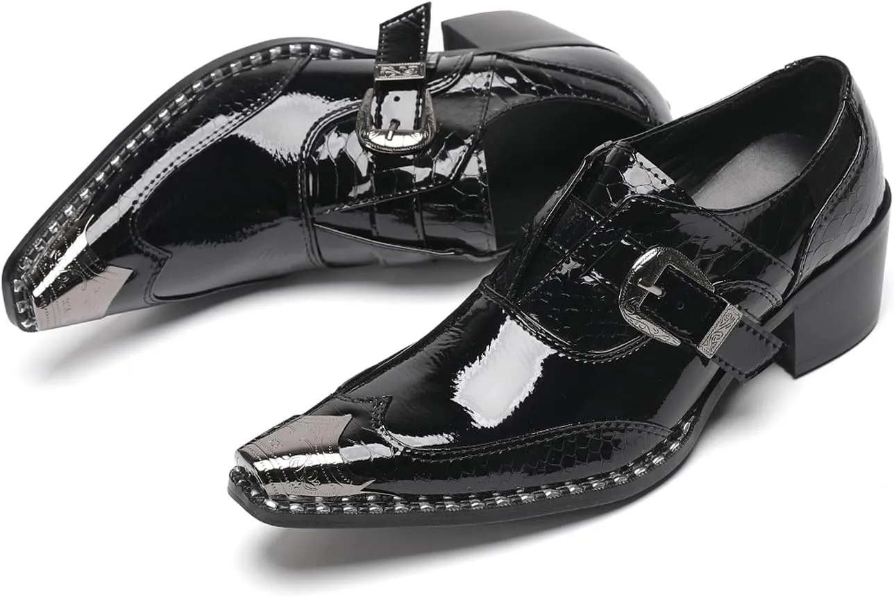 Santimon Men's Black Glossy Leather Dress Shoes with Buckle Detail – Stylish Metal Pointed Toe Casual Loafers for Weddings, Business, and Evening Events