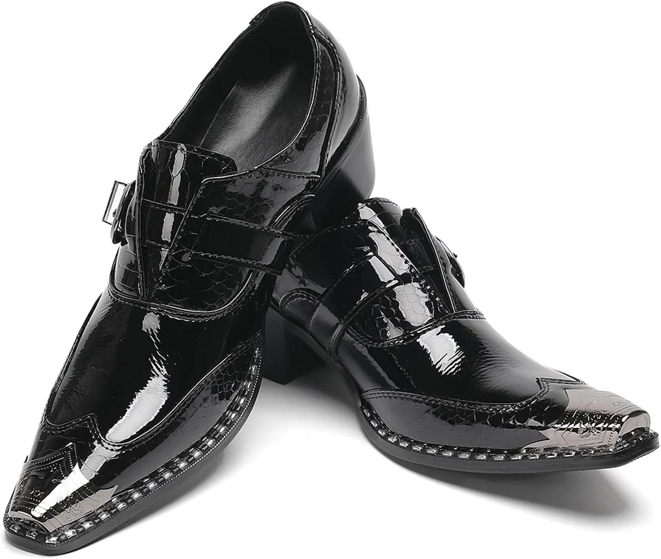 Santimon Men's Black Glossy Leather Dress Shoes with Buckle Detail – Stylish Metal Pointed Toe Casual Loafers for Weddings, Business, and Evening Events