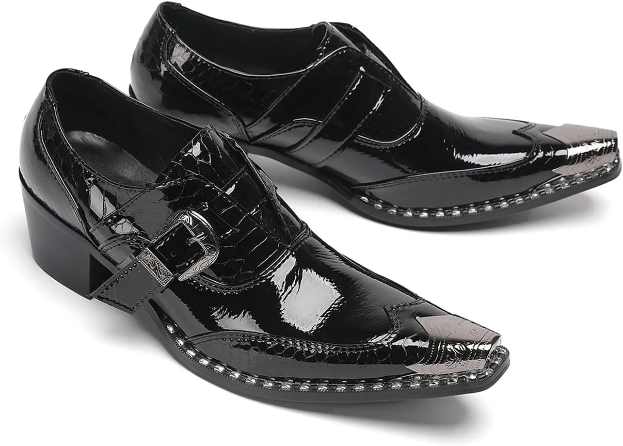 Santimon Men's Black Glossy Leather Dress Shoes with Buckle Detail – Stylish Metal Pointed Toe Casual Loafers for Weddings, Business, and Evening Events
