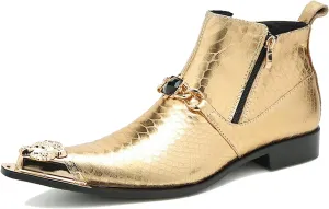 Santimon Mens Chelsea Boots Casual Dress Ankle Boots Genuine Leather Metal Pointed-Toe Double Zipper Gold Chain Western Boots Fashion Prom Wedding Tuxedo Party Singer Cowboy Boots for Men