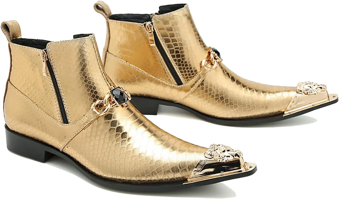 Santimon Mens Chelsea Boots Casual Dress Ankle Boots Genuine Leather Metal Pointed-Toe Double Zipper Gold Chain Western Boots Fashion Prom Wedding Tuxedo Party Singer Cowboy Boots for Men