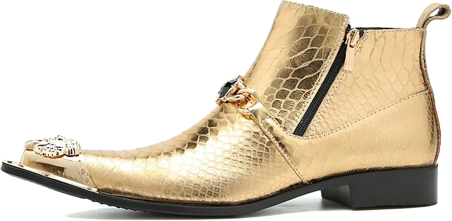 Santimon Mens Chelsea Boots Casual Dress Ankle Boots Genuine Leather Metal Pointed-Toe Double Zipper Gold Chain Western Boots Fashion Prom Wedding Tuxedo Party Singer Cowboy Boots for Men