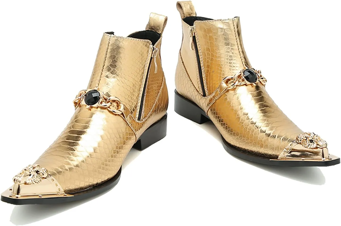 Santimon Mens Chelsea Boots Casual Dress Ankle Boots Genuine Leather Metal Pointed-Toe Double Zipper Gold Chain Western Boots Fashion Prom Wedding Tuxedo Party Singer Cowboy Boots for Men