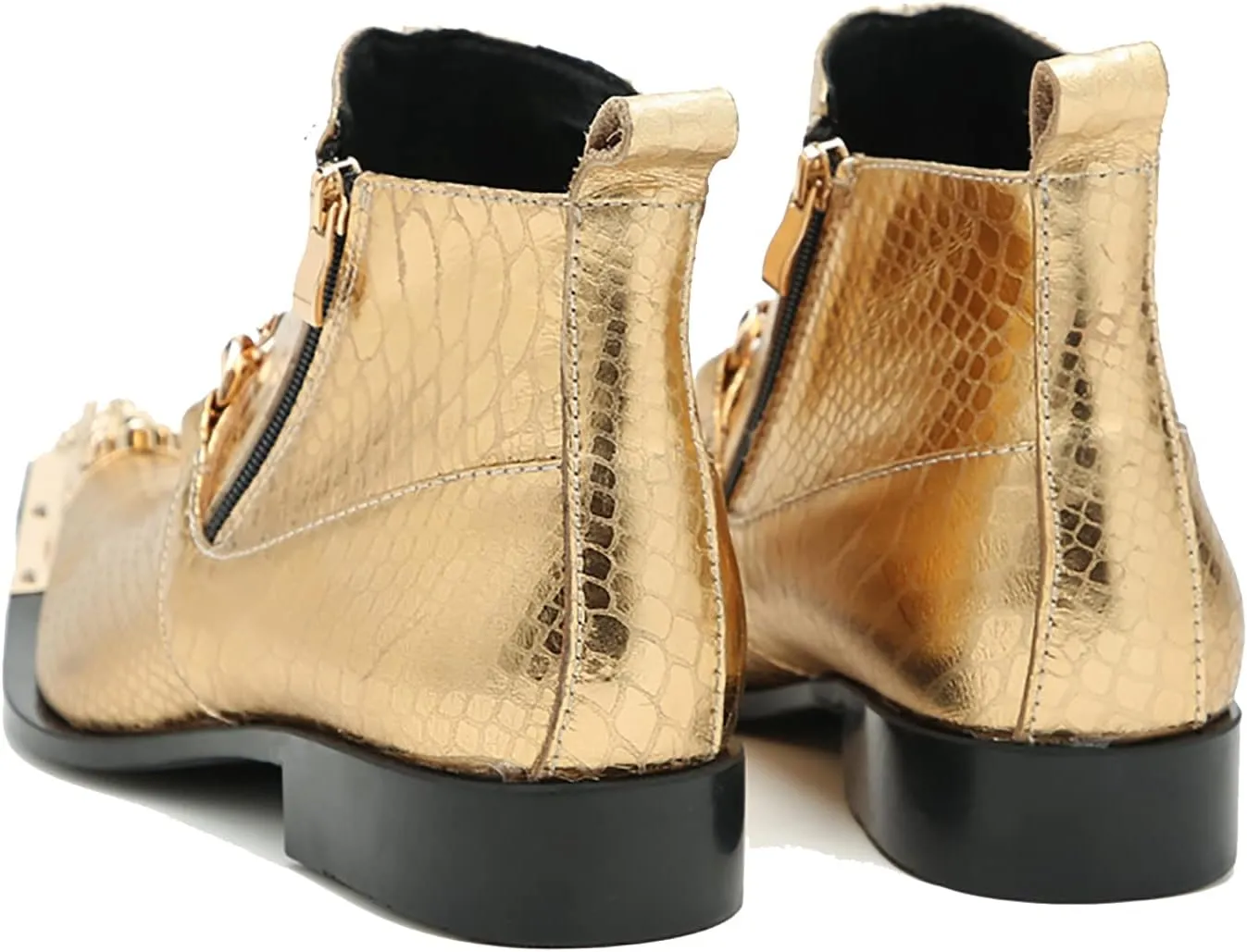 Santimon Mens Chelsea Boots Casual Dress Ankle Boots Genuine Leather Metal Pointed-Toe Double Zipper Gold Chain Western Boots Fashion Prom Wedding Tuxedo Party Singer Cowboy Boots for Men