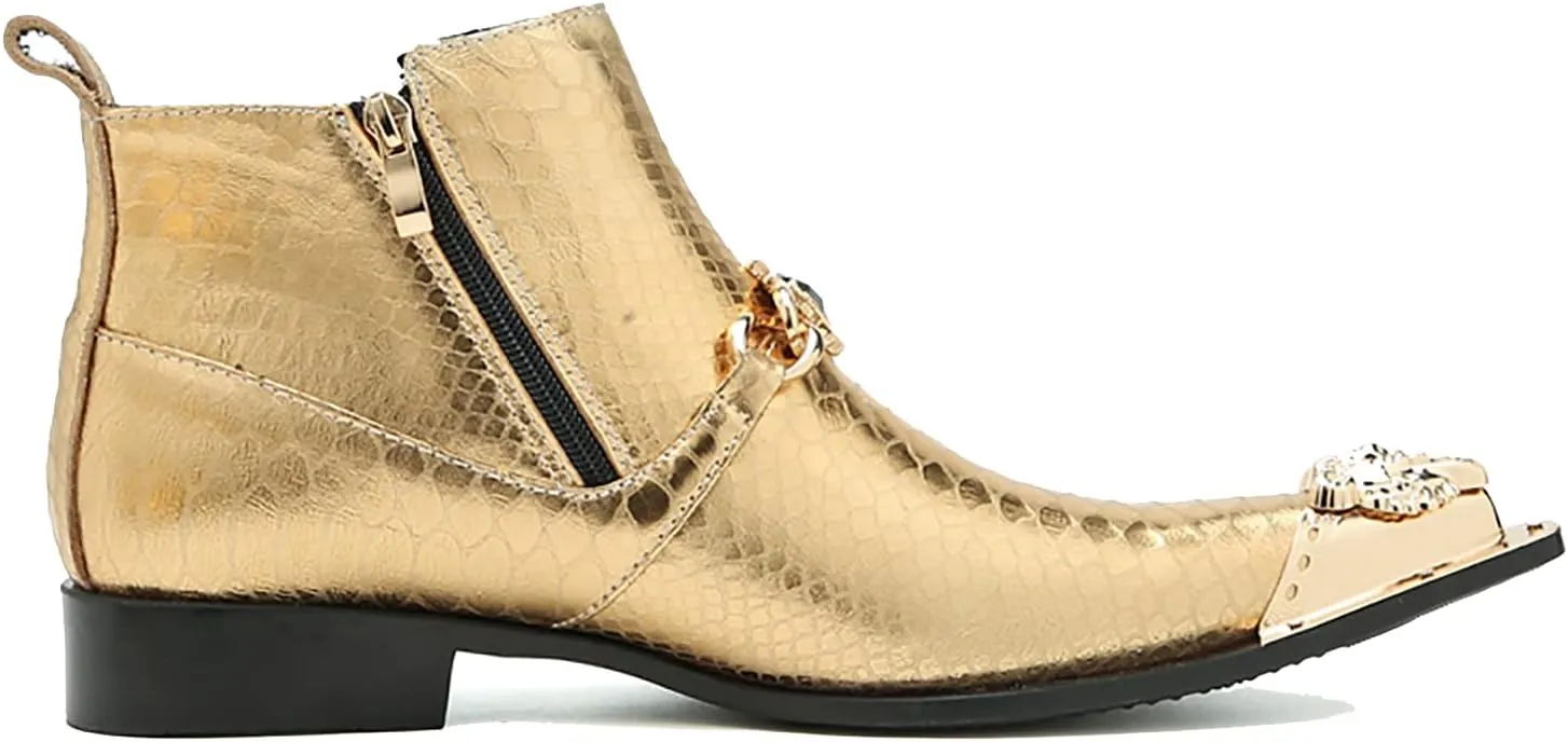 Santimon Mens Chelsea Boots Casual Dress Ankle Boots Genuine Leather Metal Pointed-Toe Double Zipper Gold Chain Western Boots Fashion Prom Wedding Tuxedo Party Singer Cowboy Boots for Men