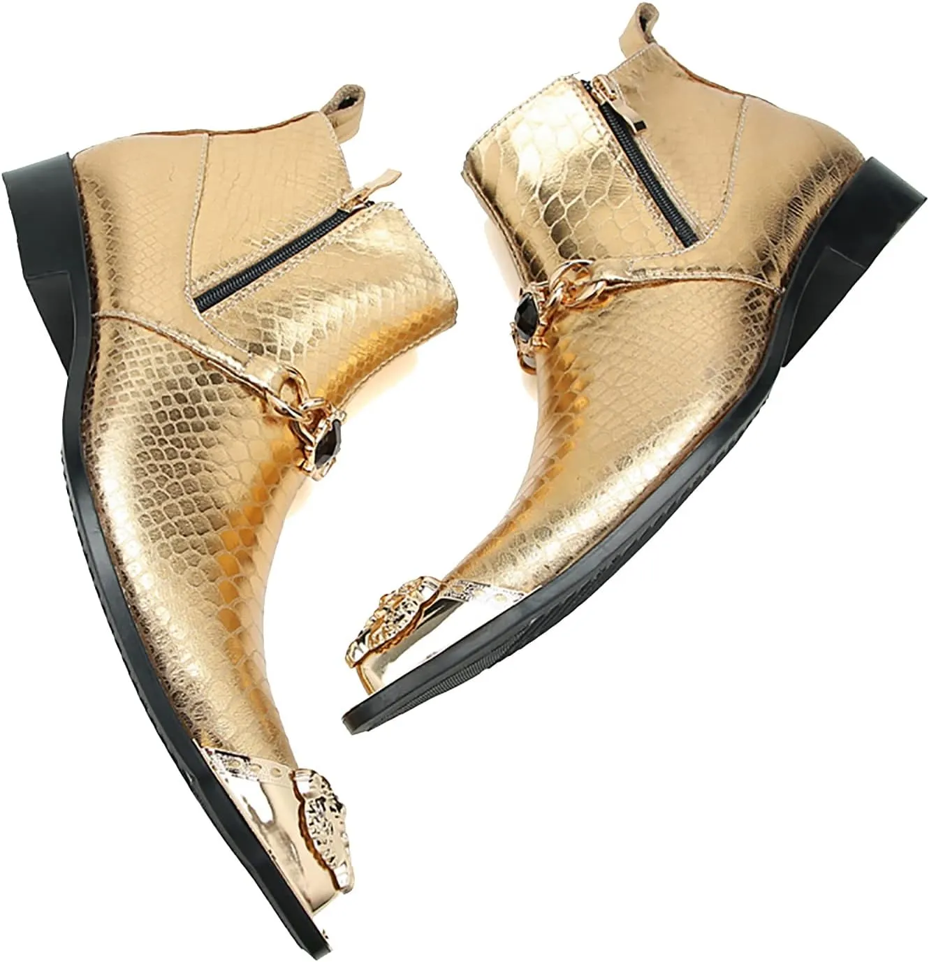 Santimon Mens Chelsea Boots Casual Dress Ankle Boots Genuine Leather Metal Pointed-Toe Double Zipper Gold Chain Western Boots Fashion Prom Wedding Tuxedo Party Singer Cowboy Boots for Men