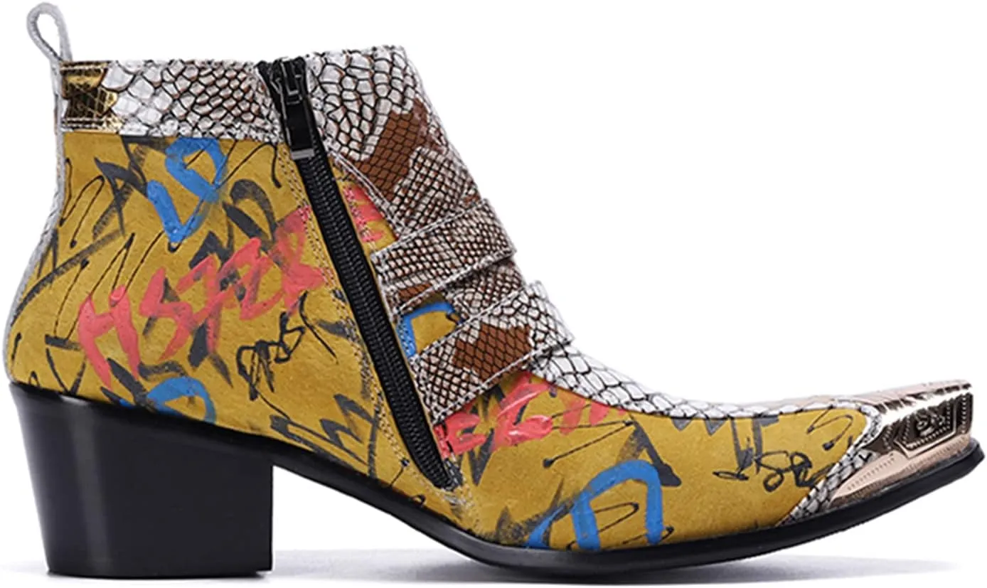 Santimon Mens Chelsea Boots Dress Casual Party Western Boots Metal Tip Toe Genuine Leather Zipper Buckle Two Tone Ankle Boots Fashion Cowboy Disco Singer Ballroom Wedding Tuxedo Chukka Boots