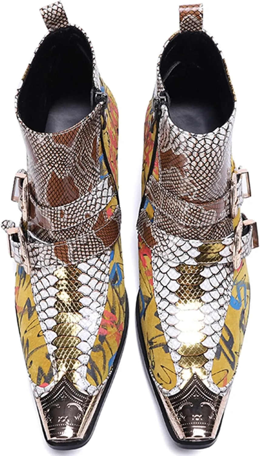 Santimon Mens Chelsea Boots Dress Casual Party Western Boots Metal Tip Toe Genuine Leather Zipper Buckle Two Tone Ankle Boots Fashion Cowboy Disco Singer Ballroom Wedding Tuxedo Chukka Boots