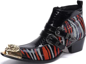 Santimon Mens Chelsea Boots Dress Casual Party Western Boots Metal Tip Toe Genuine Leather Zipper Buckle Two Tone Ankle Boots Fashion Cowboy Disco Singer Ballroom Wedding Tuxedo Chukka Boots