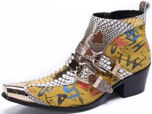 Santimon Mens Chelsea Boots Dress Casual Party Western Boots Metal Tip Toe Genuine Leather Zipper Buckle Two Tone Ankle Boots Fashion Cowboy Disco Singer Ballroom Wedding Tuxedo Chukka Boots