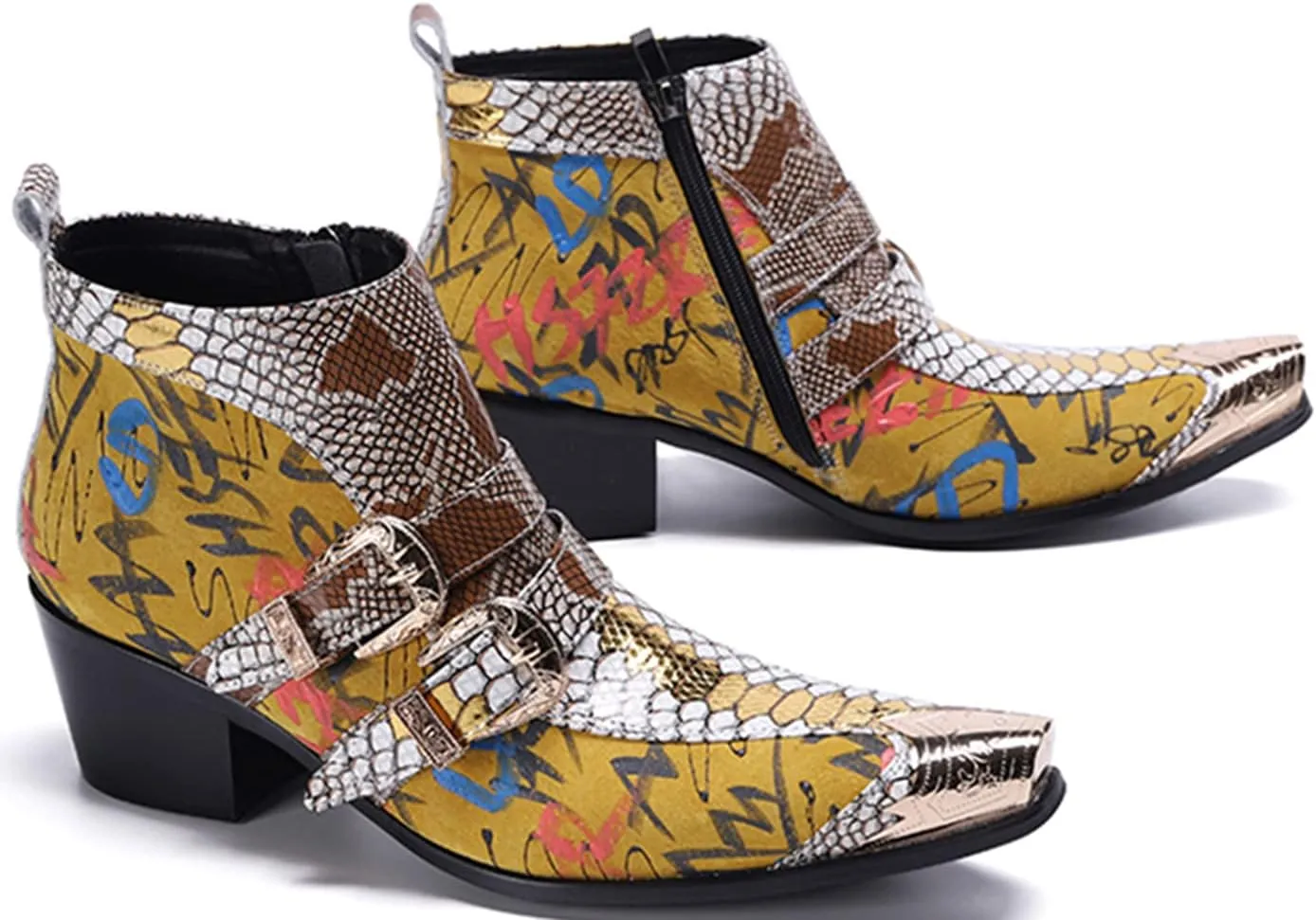 Santimon Mens Chelsea Boots Dress Casual Party Western Boots Metal Tip Toe Genuine Leather Zipper Buckle Two Tone Ankle Boots Fashion Cowboy Disco Singer Ballroom Wedding Tuxedo Chukka Boots