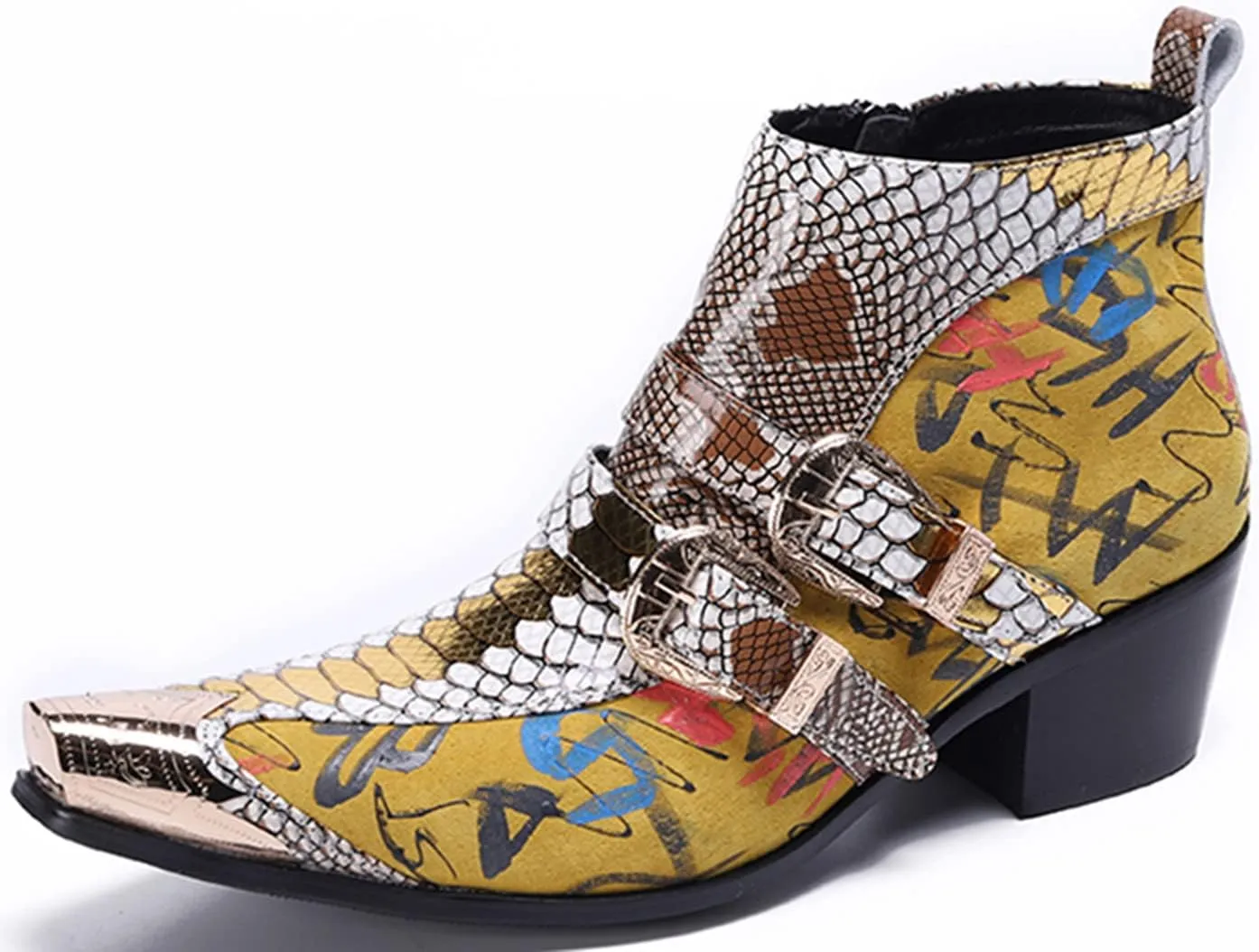 Santimon Mens Chelsea Boots Dress Casual Party Western Boots Metal Tip Toe Genuine Leather Zipper Buckle Two Tone Ankle Boots Fashion Cowboy Disco Singer Ballroom Wedding Tuxedo Chukka Boots