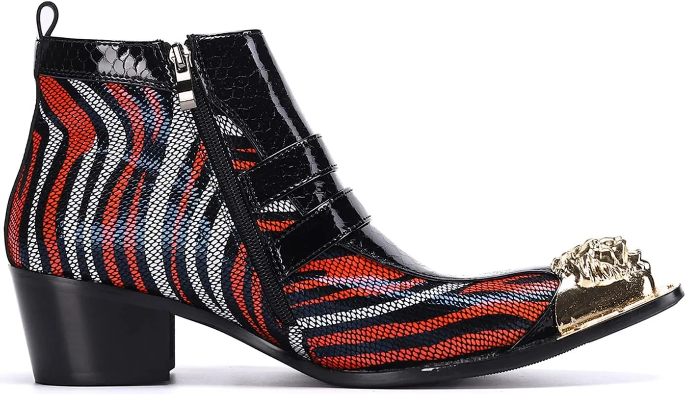 Santimon Mens Chelsea Boots Dress Casual Party Western Boots Metal Tip Toe Genuine Leather Zipper Buckle Two Tone Ankle Boots Fashion Cowboy Disco Singer Ballroom Wedding Tuxedo Chukka Boots