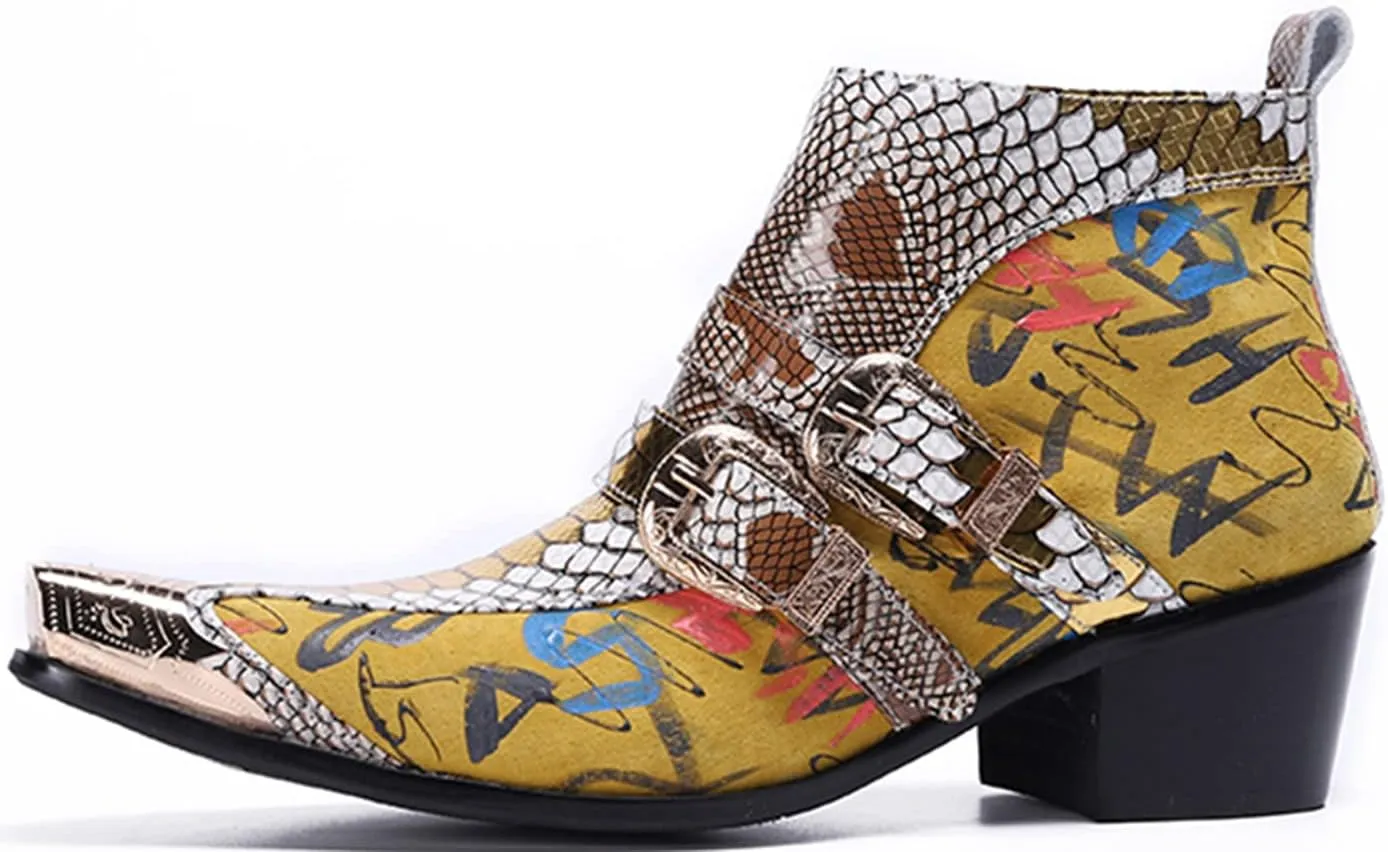 Santimon Mens Chelsea Boots Dress Casual Party Western Boots Metal Tip Toe Genuine Leather Zipper Buckle Two Tone Ankle Boots Fashion Cowboy Disco Singer Ballroom Wedding Tuxedo Chukka Boots