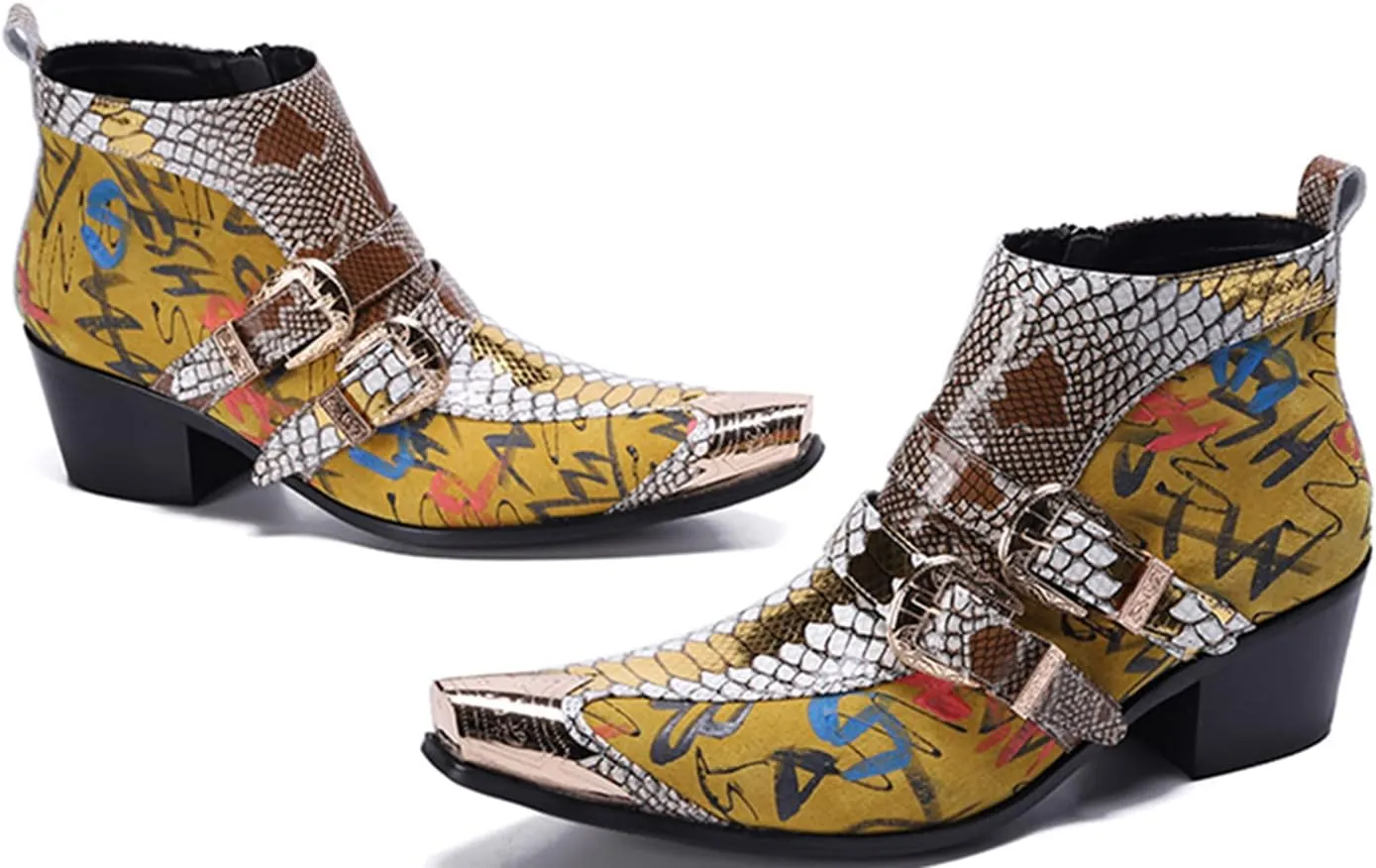 Santimon Mens Chelsea Boots Dress Casual Party Western Boots Metal Tip Toe Genuine Leather Zipper Buckle Two Tone Ankle Boots Fashion Cowboy Disco Singer Ballroom Wedding Tuxedo Chukka Boots