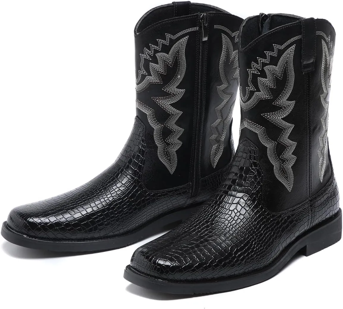 Santimon Men's Crocodile Western Cowboy Boots, Side Zipper, Mid Calf, Silver Stitching, Square Toe Leather Boots