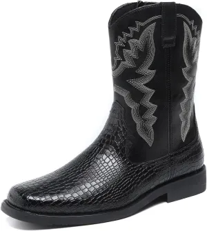 Santimon Men's Crocodile Western Cowboy Boots, Side Zipper, Mid Calf, Silver Stitching, Square Toe Leather Boots