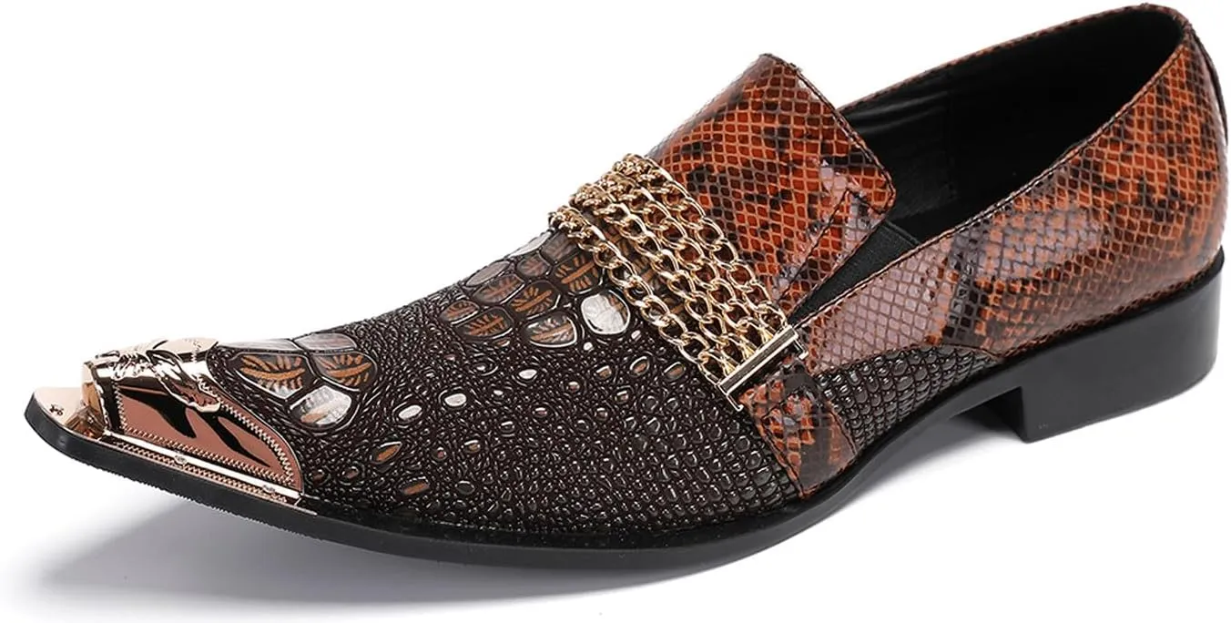 Santimon Men's Dress Loafers, Leather Slip-On Gold Chain Sparkling Shoes for Men -Party Disco Wedding Metallic Tip Smoking Slippers