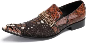 Santimon Men's Dress Loafers, Leather Slip-On Gold Chain Sparkling Shoes for Men -Party Disco Wedding Metallic Tip Smoking Slippers