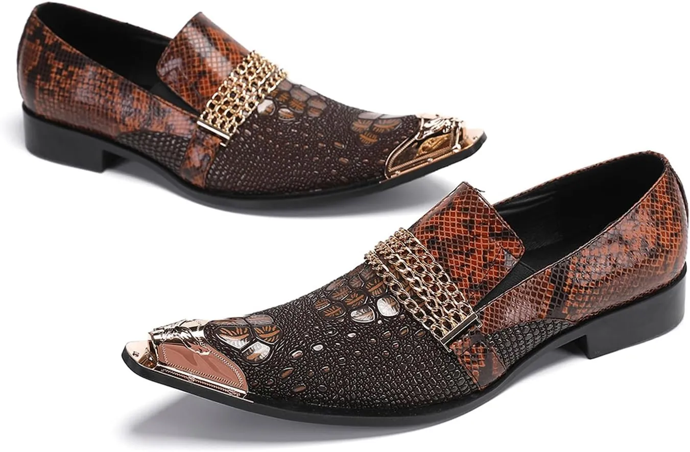 Santimon Men's Dress Loafers, Leather Slip-On Gold Chain Sparkling Shoes for Men -Party Disco Wedding Metallic Tip Smoking Slippers
