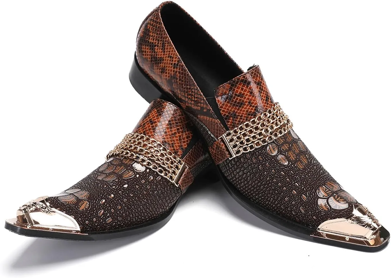 Santimon Men's Dress Loafers, Leather Slip-On Gold Chain Sparkling Shoes for Men -Party Disco Wedding Metallic Tip Smoking Slippers